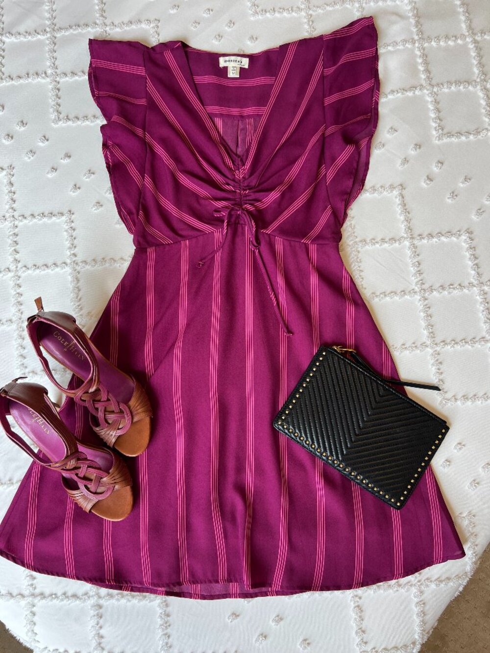 Monteau Los Angeles Pink Striped Flutter Sleeve A Line V-neck Midi Dress SIZE M